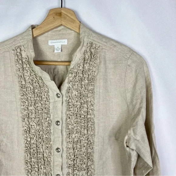 Charter Club Beige Tuxedo Ruffle Front Long Sleeve Button Down 10 - Picture 3 of 4